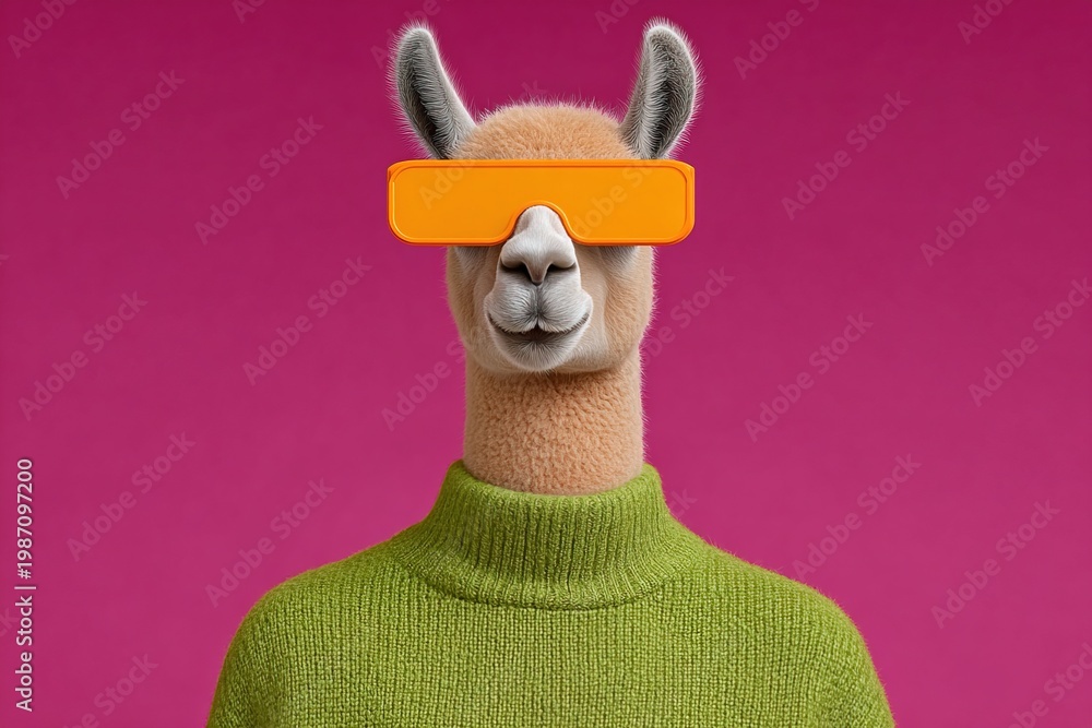 Fototapeta premium Llama wearing stylish orange sunglasses and a cozy green sweater