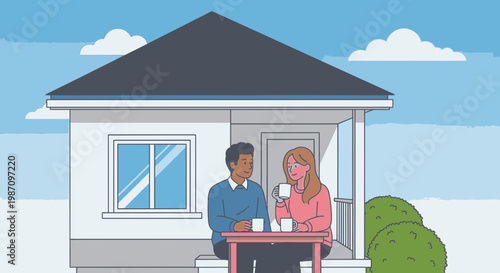 Couple sitting at outdoor table.