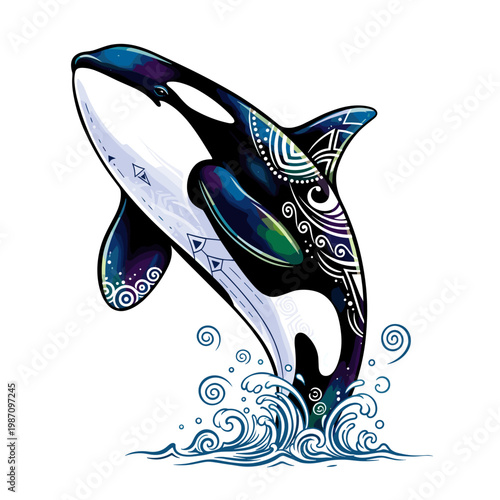Stylized orca with vibrant tribal patterns leaping from ocean water