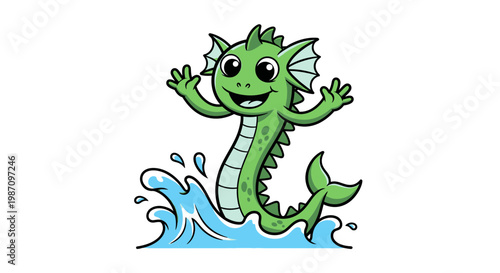 Green Cartoon Fish Character Smiling.