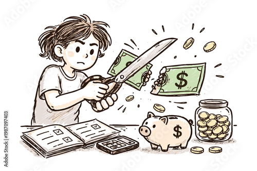 Financial concept expenses doodle vector messy uneven imperfect icon cutting discipline