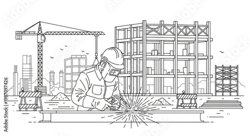 Construction worker welding steel beams on a construction site black and white illustration