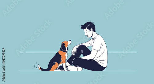 Man sitting with dog pet.