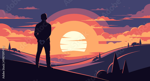 Man standing on hill looking out.