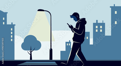 Man walking on sidewalk with phone.