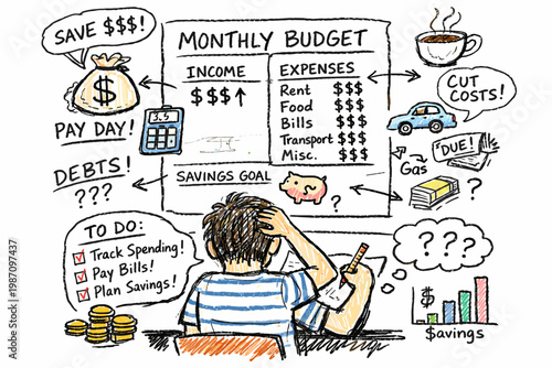 Budget finance simple concept vector messy icon monthly planning image style naive