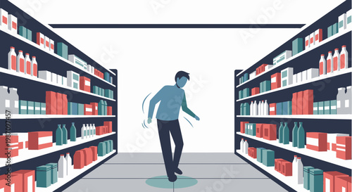 Man walking down supermarket aisle fast.