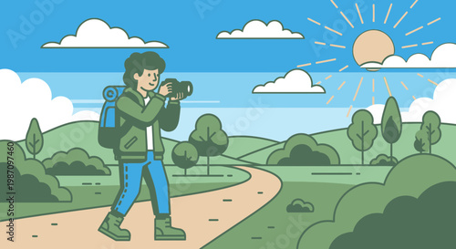 Man with backpack and camera outdoors.