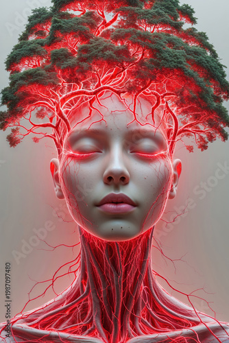 Woman's head with a tree growing and glowing red veins symbolizing connection and consciousness