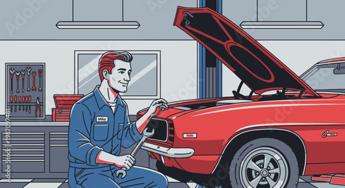 Mechanic working on red muscle car.