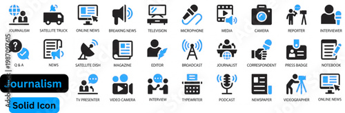 Journalism solid icon set. Journalism icon set contains Social Issues, News, Dispute, Investigation, Interview, Viewpoint, Influence, Pluralism. Duotone color solid and editable icons. 