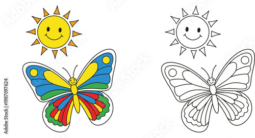 Butterfly and Smiling Sun Coloring Page for Kids, Educational Nature Illustration for Children, Colored and Outline Vector Set