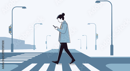 Woman crossing street with mobile phone.