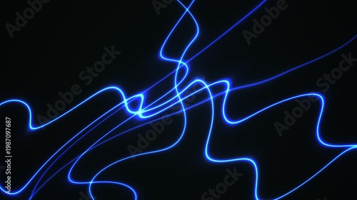 Abstract Blue Neon Light Trails on Black Background.