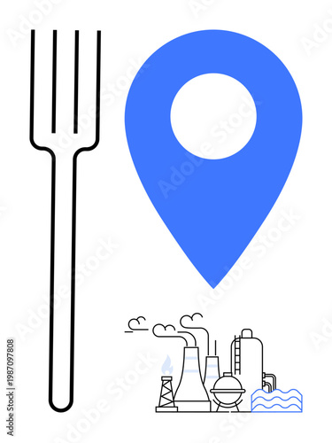 Food production, supply chain, pollution, environmental issues, industry, logistics. A fork next to a location marker and factory towers. Food production and environmental issues concept