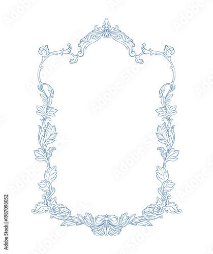 Vintage frame. Baroque frame for classic wedding invitation decor, greeting card, book cover, and save the date. Whimsical Victorian frame, ornate with linear hand drawn acanthus leaves and florals.
