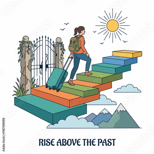 This motivational illustration depicts a traveler ascending colorful steps towards a bright future, symbolizing personal growth and overcoming challenges in life.