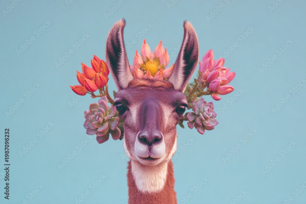 Fototapeta premium Whimsical llama with floral crown posing against pastel background
