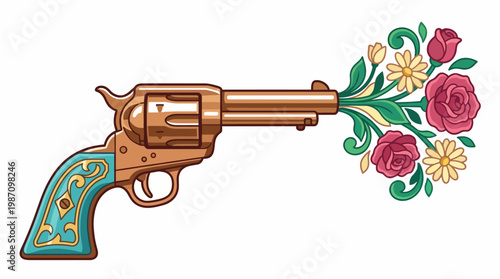 An artistic representation of a revolver with vibrant flowers emanating from its barrel, symbolizing the contrast between violence and beauty in a thought-provoking manner.