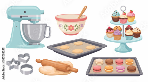 This image showcases cheerful baking tools and delicious cupcakes, embodying the joy of culinary creativity in a bright and inviting kitchen setting.