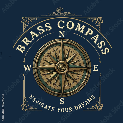 Schilderij op canvas Brass Compass Navigation Tool Instrument.