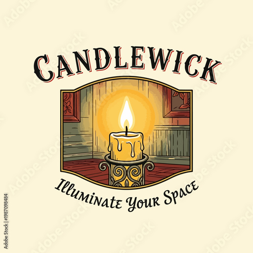 Burning candle on decorative metal holder.