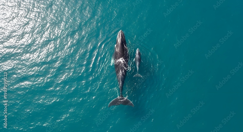 Obraz premium Aerial view of a majestic humpback whale swimming with its calf in turquoise ocean waters, showcasing the beauty of marine life and the bond between mother and offspring.