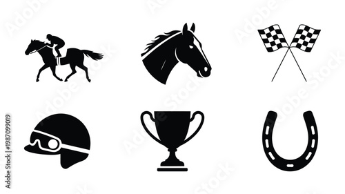 Horse racing icons filled black minimal style, jockey riding horse, gallop motion symbols, clean silhouette design