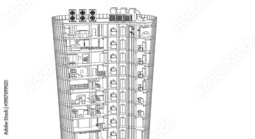 Architectural cross section drawing of a modern residential building on white