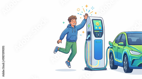 Electric vehicle charging action urban environment digital illustration infrastructure tech and smart grid integration