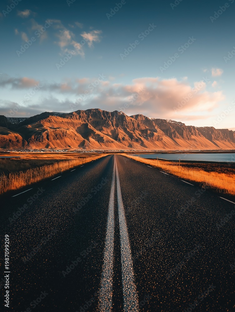 Naklejka premium Long road stretching towards golden mountain range and lake Sunset sky with pink clouds and scenic natural landscape