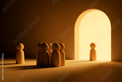 Group of wooden figures illuminated by bright light from an archway with entrance opportunity illumination decision leadership togetherness destination discovery new beginnings guidance