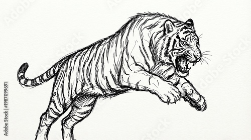 Dynamic Sketch of a Leaping Tiger in Black and White