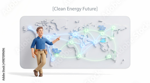 Innovative infrastructure tech for smart grids in a clean energy future global overview infographic optimistic viewpoint