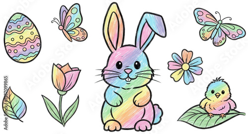 colorful rabbit png pastel bunny cutout rainbow egg png cute butterfly cutout doodle flower png childish chick cutout hand drawn leaf png textured tulip cutout isolated transparent background image
