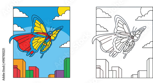 Superhero Butterfly Flying Over City Coloring Page for Kids, Fun Hero Insect Illustration Vector, Colored and Line Art Set