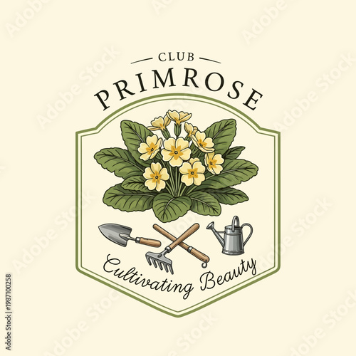Photos Primrose flower logo with gardening tools.