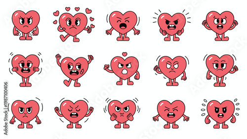 Red heart characters showing range of emotions and reactions love confusion sadness excitement vector illustration set
