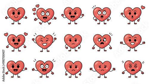 Red heart characters showing range of emotions and reactions love confusion sadness excitement vector illustration set