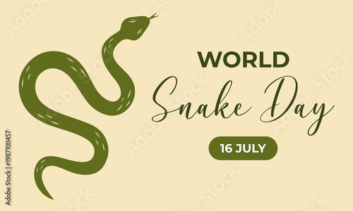 World Snake Day Banner. Snake silhouette on beige background and basic text. Snakes or animals protection theme for web banner or leaflet. Vector illustration.