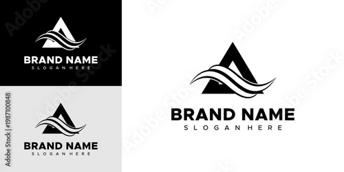 A graphic designer creates a logo with a triangular mountain and wavy lines on a black, white, and gray background.