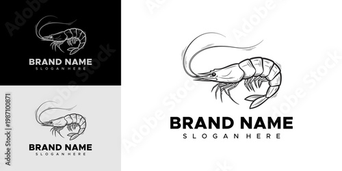 A black and white illustration of a shrimp with brand name and slogan on a business card and logo design