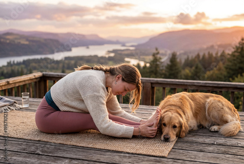 Young woman practicing seated forward fold yoga pose on a terrace overlooking a misty river valley at sunset while her golden retriever dog rests beside her.