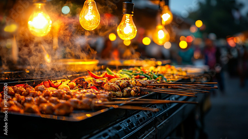 Authentic Asian Street Food Barbecue with Grilled Skewers Under Vintage Lighting at Busy Evening Market