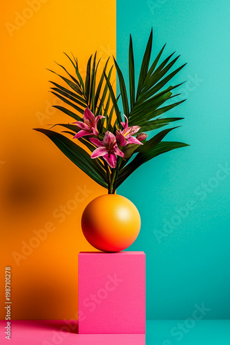 Vibrant Modern Art Composition with Palm Fronds and Pink Lilies in Orange Vase on Pink Pedestal with Bold Yellow and Teal Background