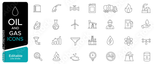 Oil and gas industry line icons set. Petroleum, drilling, refinery, fuel production, energy extraction and industrial equipment collection. Editable strokes