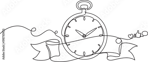 Pocket watch continuous line drawing vintage accessory ribbon clock hands time measurement art  vector illustration.