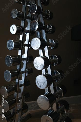 A rack in the gym with weights ranging from 4 to 12 kilograms, dumbbells and barbells for strength training and muscle building.