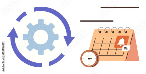 Process automation, efficiency, task management, scheduling, time optimization, workflow. Gear with circular arrows, calendar clock reminder. Process automation and task management concept