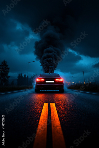 Dramatic Nighttime Car Emission with Dense Smoke and Moody Atmosphere on Wet Road